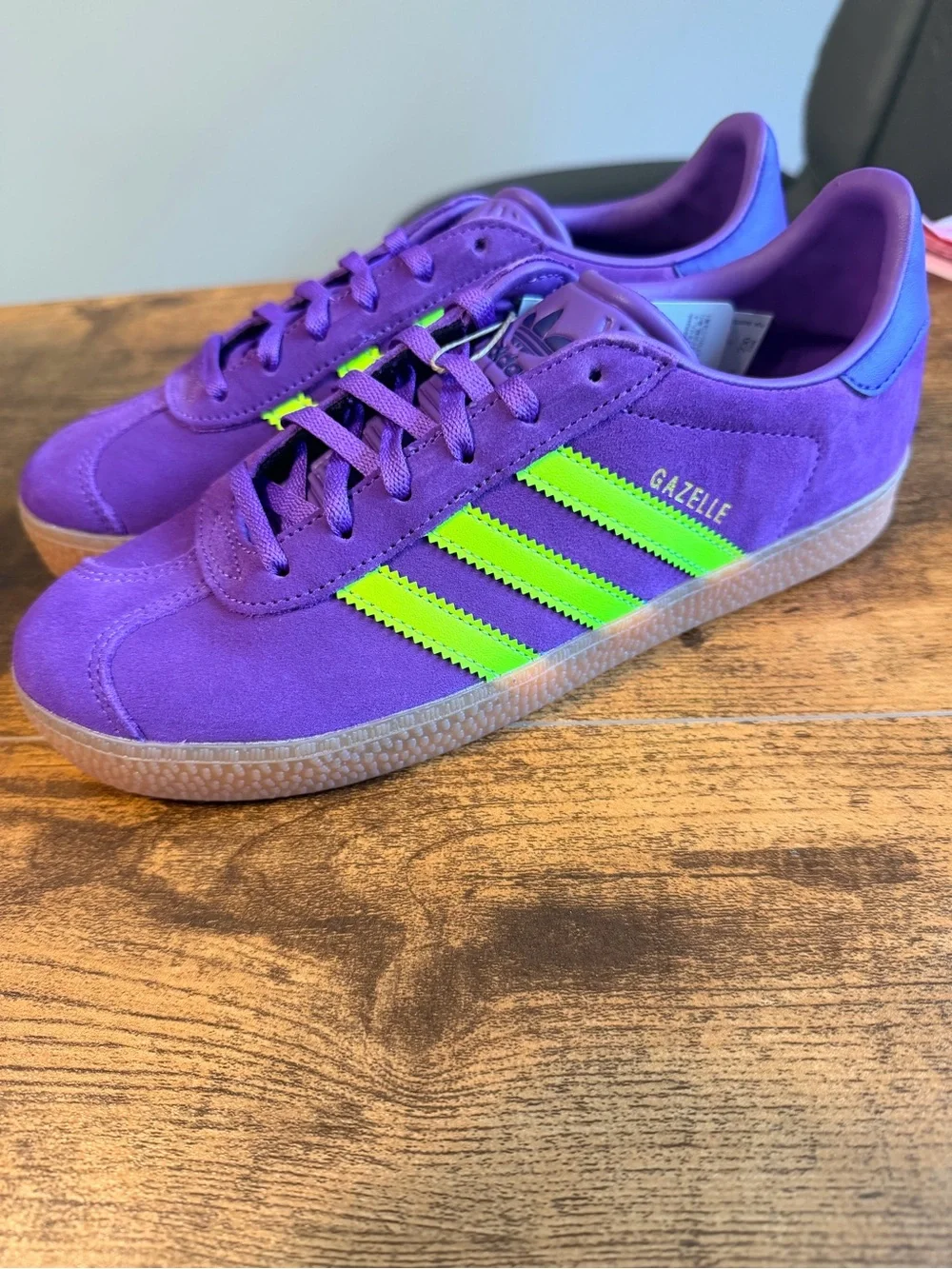 Adidas Gazelle Kids Suede Sneaker - Purple with Neon Green Stripes 5Y/6W